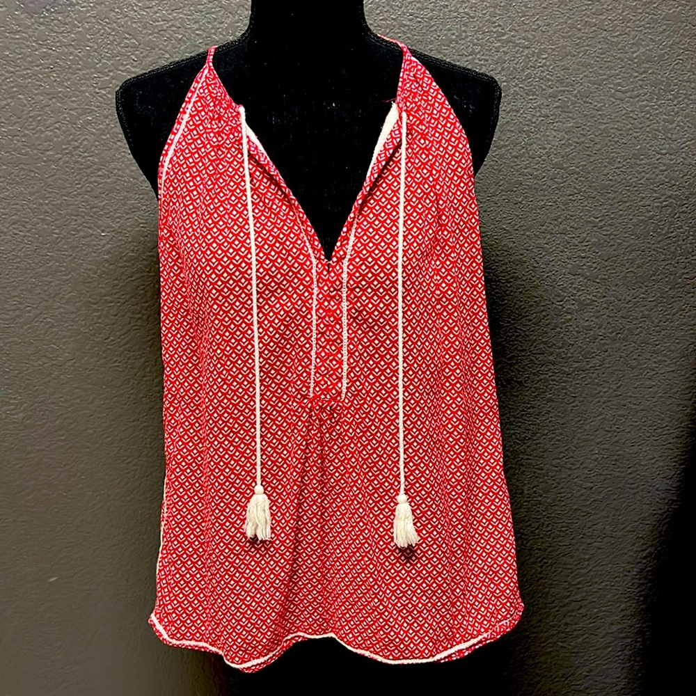 Joe Fresh Loose Flowy VNeck Halter Racer Back Top Tassels Accent Boho EUC